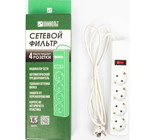 Сетевой фильтр Юнивольт 00-00000386 1.5м (4 розетки) белый (коробка) Сетевой фильтр Юнивольт 00-00000386 1.5м (4 розетки) белый (коробка)