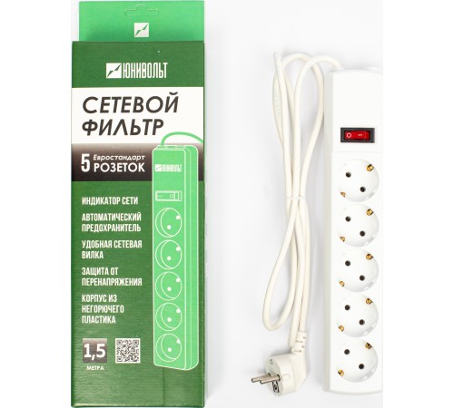 Сетевой фильтр Юнивольт 00-00000389 1.5м (5 розеток) белый (коробка) Сетевой фильтр Юнивольт 00-00000389 1.5м (5 розеток) белый (коробка)