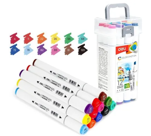 Набор маркеров для скетчинга Deli E70803-12 Color Emotion 11мм 150мм трехгр. двойной пиш. наконечник 1-7мм 12цв. ассорти пластиковая коробка (12шт.)