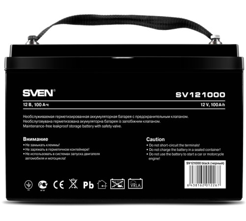 Батарея SVEN SV 121000 (12V 100Ah), напряжение 12В, емкость 100А*ч, макс. ток разряда 1000А, макс. ток заряда 30А, свинцово-кислотная типа AGM, тип клемм B5, Д/Ш/В 307/168/211мм, 30кг Sven SV-012267