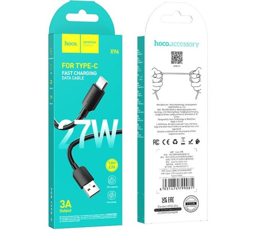 Кабель Hoco X96 Hyper X96 HYPER 27W TYPE-C USB (m)-USB Type-C (m) 1м черный коробка Кабель Hoco X96 Hyper X96 HYPER 27W TYPE-C USB (m)-USB Type-C (m) 1м черный коробка
