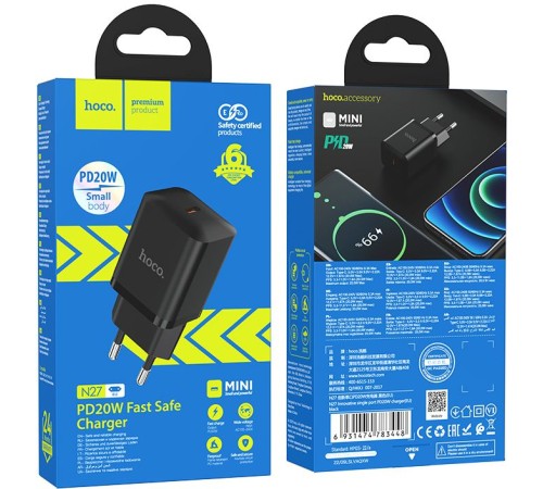 Сетевое зар./устр. Hoco N27 Black 20W (PD+QC+AFC) USB-C черный