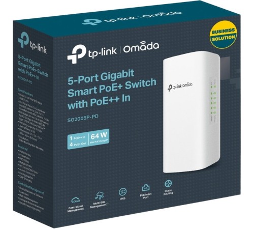 TP-Link SG2005P-PD Коммутатор Smart линейки Omada с 5 гигабитными портами (1 порт с входящим PoE++, 4 порта с исходящим PoE+)
