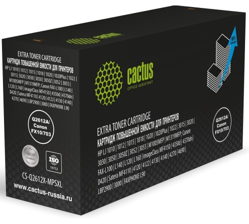 Картридж лазерный Cactus CS-Q2612X-MPSXL Q2612A/Canon FX10/703 черный (8000стр.) для HP LJ 1010/1012/1015/1018/1020/1020Plus/1022/3015/3020/3030/3050/3050Z/3052/3055/M1005MFP/M1319MFP; Canon FAX-L100/L140/L120/L160/ima (CS-Q2612X-MPSXL)