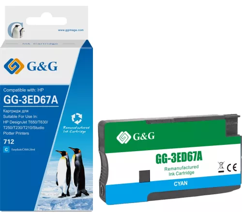 Картридж струйный G&G GG-3ED67A 712 голубой (29мл) для HP DesignJet T650/T630/T250/T230/T210/Studio Plotter Printers
