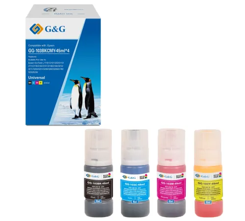 Чернила G&G GG-103BKCMY-45ml*4 103BKCMY голубой/пурпурный/желтый/черный набор 4x45мл для Epson EcoTank L1110/1210/1250/3110/3111/3116/3150/3151/3156/3160/3210/3211/3250/3251/3256/3260/3266/5190/5290/5296
