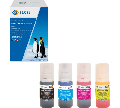 Чернила G&G GG-GT51BK/52CMY-45ml*4 GT51/52 голубой/пурпурный/желтый/черный набор 4x45мл для HP Ink Tank 115/310/315/318/319/515/615;Wireless 410/415/416/418/419;GT 5810/5820/5812/5822