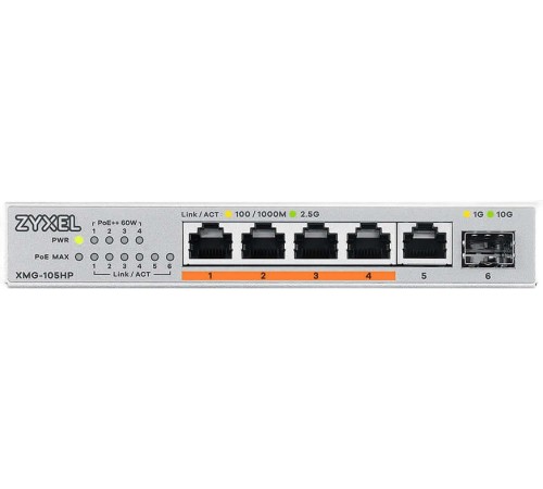 Коммутатор Zyxel XMG-105HP-EU0101F 5x2.5Гбит/с 1SFP+ 4PoE++ 70W неуправляемый