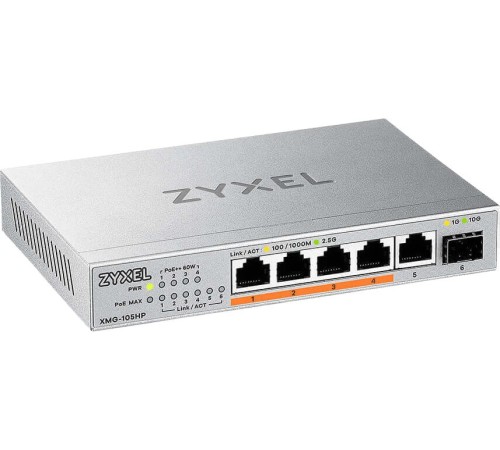 Коммутатор Zyxel XMG-105HP-EU0101F 5x2.5Гбит/с 1SFP+ 4PoE++ 70W неуправляемый