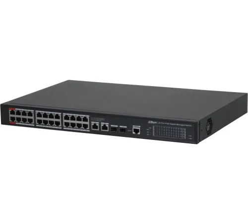 DAHUA DH-S4228-24GT-360 28-портовый гигабитный управляемый коммутатор с PoE, уровень L2, 26xRJ45 1Gb, 2xSFP 1Gb, суммарно 360Вт, коммутация 56 Гбит/с, MAC-таблица 8К, металл