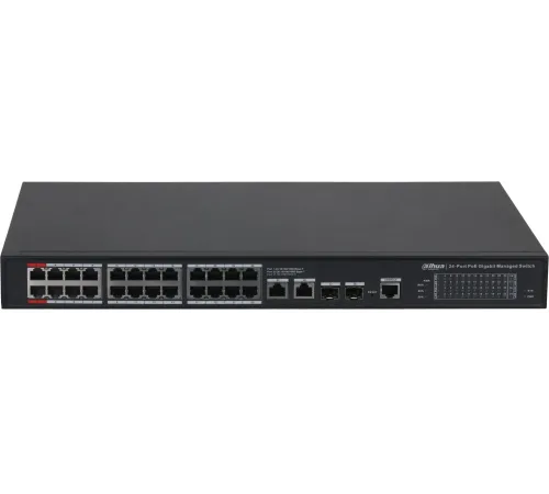 DAHUA DH-S4228-24GT-360 28-портовый гигабитный управляемый коммутатор с PoE, уровень L2, 26xRJ45 1Gb, 2xSFP 1Gb, суммарно 360Вт, коммутация 56 Гбит/с, MAC-таблица 8К, металл