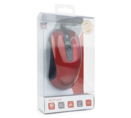 Мышь Gembird MOP-400-R, USB, красн, бесшум клик, 3кн, 1000DPI, soft-touch, каб 1.45м, блистер  {100}