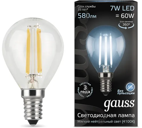 Лампа светодиодная Gauss Filament 7Вт цок.:E14 шар 220B св.свеч.бел.нейт. P45 (упак.:10шт) (105801207)