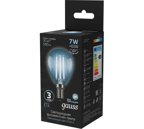 Лампа светодиодная Gauss Filament 7Вт цок.:E14 шар 220B св.свеч.бел.нейт. P45 (упак.:10шт) (105801207)