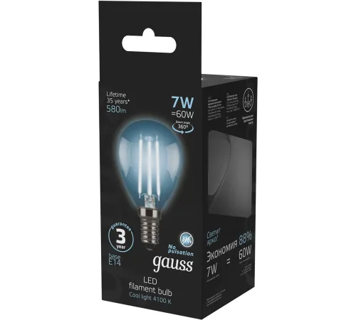 Лампа светодиодная Gauss Filament 7Вт цок.:E14 шар 220B св.свеч.бел.нейт. P45 (упак.:10шт) (105801207)