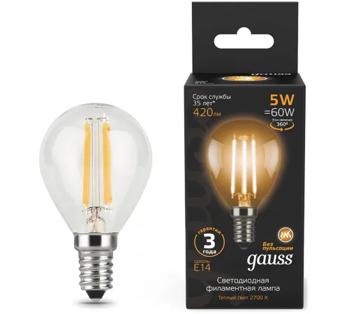 Лампа светодиодная GAUSS 105801105 LED Filament globe Е14 5Вт 2700k 1/10/50 Лампа светодиодная GAUSS 105801105 LED Filament globe Е14 5Вт 2700k 1/10/50