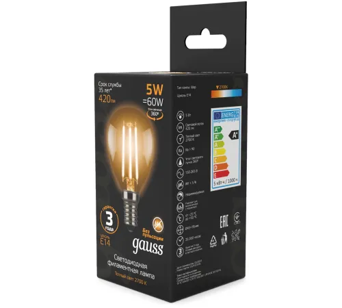 Лампа светодиодная GAUSS 105801105 LED Filament globe Е14 5Вт 2700k 1/10/50 Лампа светодиодная GAUSS 105801105 LED Filament globe Е14 5Вт 2700k 1/10/50