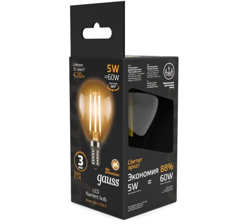 Лампа светодиодная GAUSS 105801105 LED Filament globe Е14 5Вт 2700k 1/10/50 Лампа светодиодная GAUSS 105801105 LED Filament globe Е14 5Вт 2700k 1/10/50