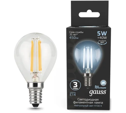 Лампа филам. Gauss Filament 5Вт цок.:E14 свеча 220B св.свеч.бел.нейт. (упак.:10шт) (105801205) Лампа филам. Gauss Filament 5Вт цок.:E14 свеча 220B св.свеч.бел.нейт. (упак.:10шт) (105801205)