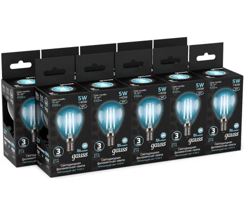 Лампа филам. Gauss Filament 5Вт цок.:E14 свеча 220B св.свеч.бел.нейт. (упак.:10шт) (105801205) Лампа филам. Gauss Filament 5Вт цок.:E14 свеча 220B св.свеч.бел.нейт. (упак.:10шт) (105801205)