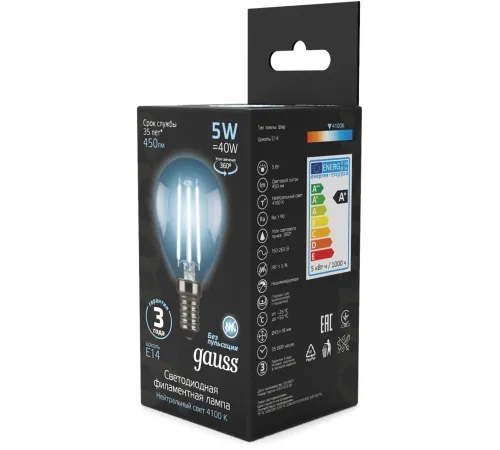 Лампа филам. Gauss Filament 5Вт цок.:E14 свеча 220B св.свеч.бел.нейт. (упак.:10шт) (105801205) Лампа филам. Gauss Filament 5Вт цок.:E14 свеча 220B св.свеч.бел.нейт. (упак.:10шт) (105801205)