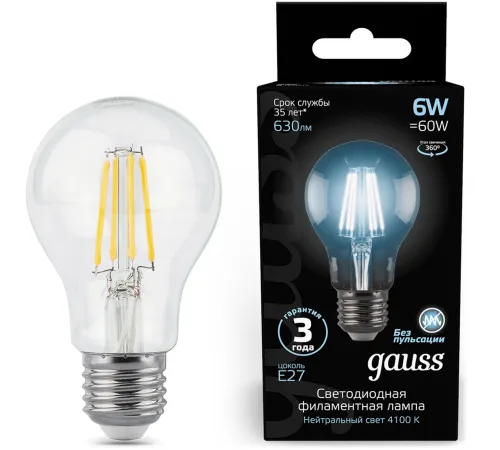 Лампа филам. Gauss Filament A60 6Вт цок.:E27 груша 220B св.свеч.бел.нейт. (упак.:10шт) (102802206)