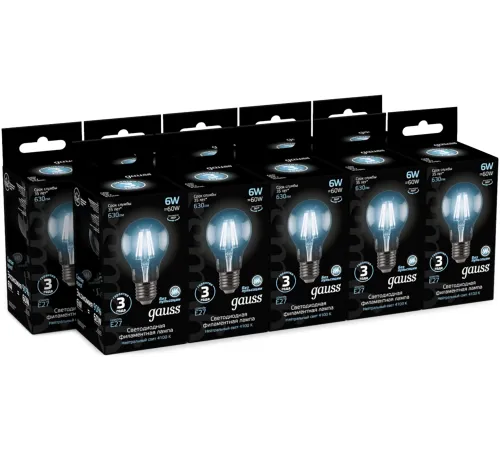 Лампа филам. Gauss Filament A60 6Вт цок.:E27 груша 220B св.свеч.бел.нейт. (упак.:10шт) (102802206)