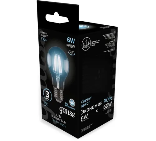 Лампа филам. Gauss Filament A60 6Вт цок.:E27 груша 220B св.свеч.бел.нейт. (упак.:10шт) (102802206)