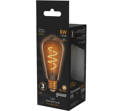 Лампа филам. Gauss Filament ST64 6Вт цок.:E27 эдисон 220B св.свеч.бел.теп. (упак.:10шт) (157802006) Лампа филам. Gauss Filament ST64 6Вт цок.:E27 эдисон 220B св.свеч.бел.теп. (упак.:10шт) (157802006)