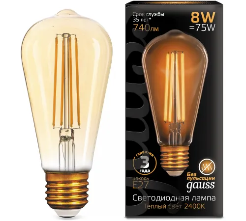 Лампа филам. Gauss Filament ST64 8Вт цок.:E27 эдисон 220B св.свеч.бел.теп. (упак.:10шт) (157802008) Лампа филам. Gauss Filament ST64 8Вт цок.:E27 эдисон 220B св.свеч.бел.теп. (упак.:10шт) (157802008)