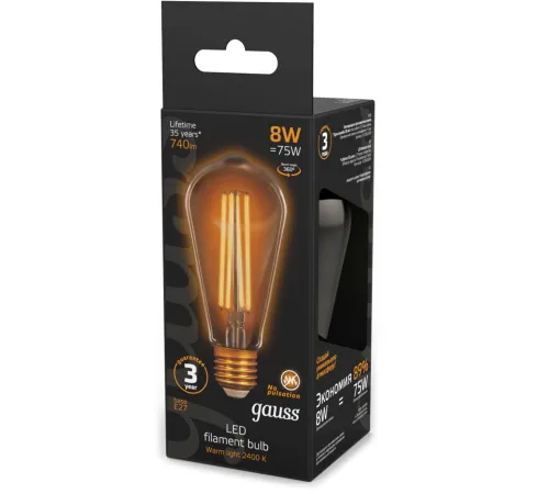 Лампа филам. Gauss Filament ST64 8Вт цок.:E27 эдисон 220B св.свеч.бел.теп. (упак.:10шт) (157802008) Лампа филам. Gauss Filament ST64 8Вт цок.:E27 эдисон 220B св.свеч.бел.теп. (упак.:10шт) (157802008)