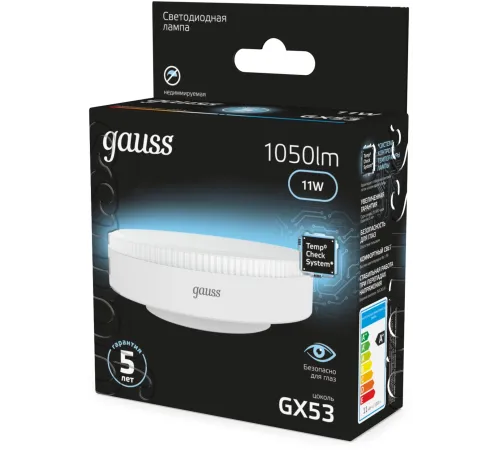 Лампа светодиодная Gauss 108008211 11Вт цок.:GX53 таблетка 150B св.свеч.бел.нейт. GX53 (упак.:10шт) Лампа светодиодная Gauss 108008211 11Вт цок.:GX53 таблетка 150B св.свеч.бел.нейт. GX53 (упак.:10шт)