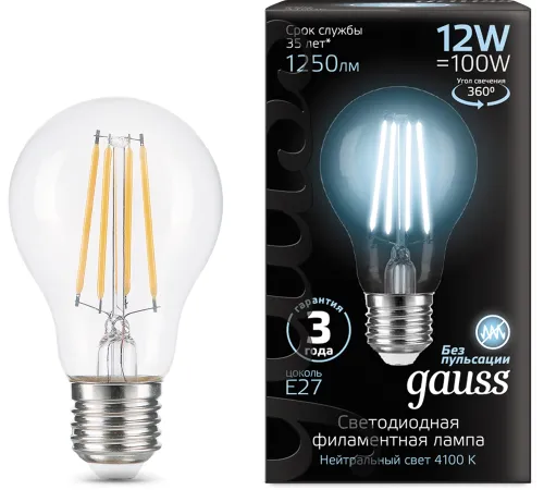 Лампа светодиодная Gauss Filament 102902212 12Вт цок.:E27 груша 185B св.свеч.бел.нейт. грушевидная (упак.:10шт) Лампа светодиодная Gauss Filament 102902212 12Вт цок.:E27 груша 185B св.свеч.бел.нейт. грушевидная (упак.:10шт)