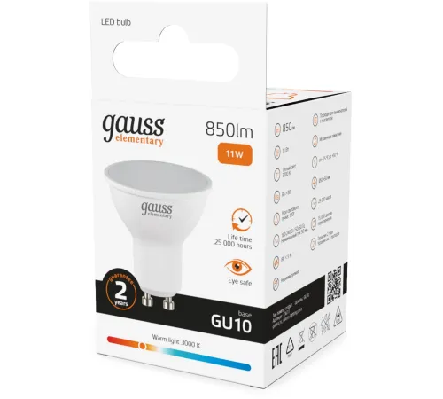 Лампа светодиодная Gauss Elementary 13611 11Вт цок.:GU10 софит 180B св.свеч.бел.теп. (упак.:10шт) Лампа светодиодная Gauss Elementary 13611 11Вт цок.:GU10 софит 180B св.свеч.бел.теп. (упак.:10шт)