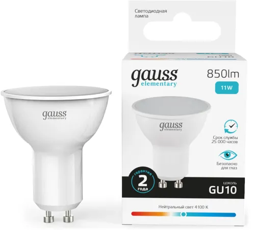 Лампа светодиодная Gauss Elementary 13621 11Вт цок.:GU10 софит 180B св.свеч.бел.нейт. MR16 (упак.:10шт) Лампа светодиодная Gauss Elementary 13621 11Вт цок.:GU10 софит 180B св.свеч.бел.нейт. MR16 (упак.:10шт)