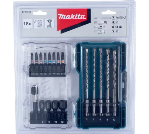 Набор бит и сверл Makita E-07026 по бет/кирп (18пред.) для шуруповертов/дрелей