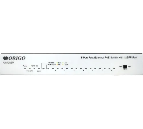 ORIGO OS1209P/80W/A1A Неуправляемый PoE-коммутатор 8x100Base-TX PoE+, 1x1000Base-X SFP, PoE-бюджет 80 Вт, корпус металл