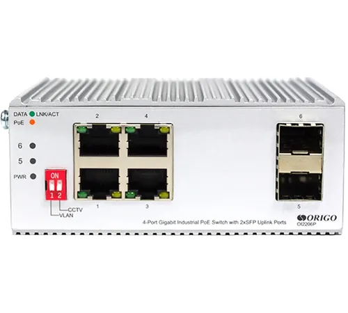 ORIGO OI2206P/120W/A1A Промышленный неуправляемый PoE-коммутатор 4x1000Base-T PoE+, 2x1000Base-X SFP, PoE-бюджет 120 Вт
