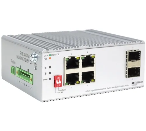 ORIGO OI2206P/120W/A1A Промышленный неуправляемый PoE-коммутатор 4x1000Base-T PoE+, 2x1000Base-X SFP, PoE-бюджет 120 Вт