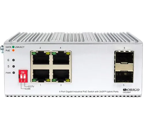 ORIGO OI2206P/60W/A1A Промышленный неуправляемый PoE-коммутатор 4x1000Base-T PoE+, 2x1000Base-X SFP, PoE-бюджет 60 Вт