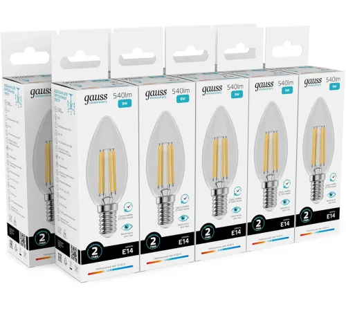 Лампа филам. Gauss Filament 8Вт цок.:E14 свеча св.свеч.бел.нейт. (упак.:10шт) (32128) Лампа филам. Gauss Filament 8Вт цок.:E14 свеча св.свеч.бел.нейт. (упак.:10шт) (32128)