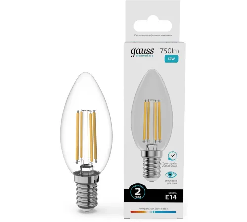 Лампа филам. Gauss Filament 12Вт цок.:E14 свеча св.свеч.бел.нейт. (упак.:10шт) (32122) Лампа филам. Gauss Filament 12Вт цок.:E14 свеча св.свеч.бел.нейт. (упак.:10шт) (32122)