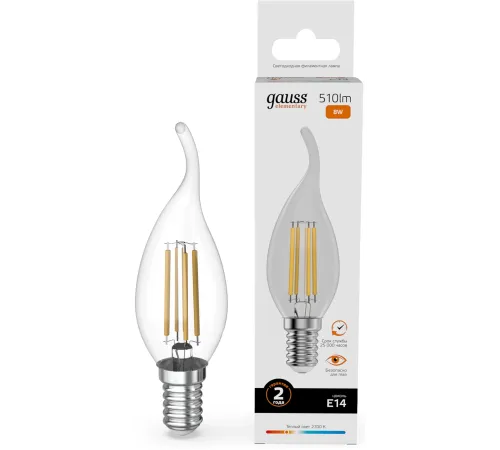 Лампа филам. Gauss Filament 8Вт цок.:E14 свеча св.свеч.бел.теп. (упак.:10шт) (42118)