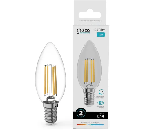 Лампа филам. Gauss Filament 10Вт цок.:E14 свеча св.свеч.бел.нейт. (упак.:10шт) (32120) Лампа филам. Gauss Filament 10Вт цок.:E14 свеча св.свеч.бел.нейт. (упак.:10шт) (32120)