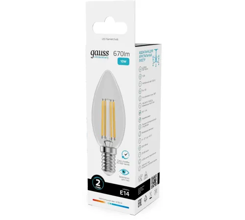 Лампа филам. Gauss Filament 10Вт цок.:E14 свеча св.свеч.бел.нейт. (упак.:10шт) (32120) Лампа филам. Gauss Filament 10Вт цок.:E14 свеча св.свеч.бел.нейт. (упак.:10шт) (32120)