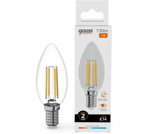 Лампа филам. Gauss Filament 12Вт цок.:E14 свеча св.свеч.бел.теп. (упак.:10шт) (32112) Лампа филам. Gauss Filament 12Вт цок.:E14 свеча св.свеч.бел.теп. (упак.:10шт) (32112)