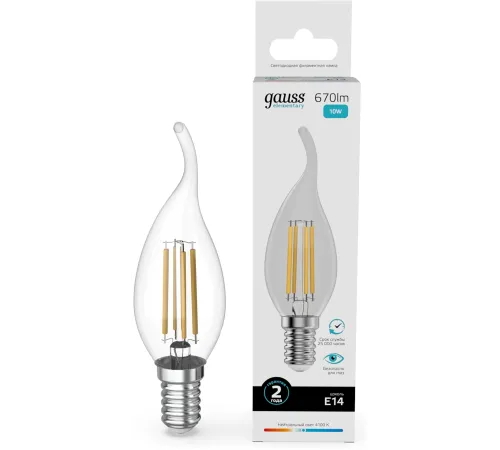 Лампа филам. Gauss Filament 10Вт цок.:E14 свеча св.свеч.бел.нейт. (упак.:10шт) (42120) Лампа филам. Gauss Filament 10Вт цок.:E14 свеча св.свеч.бел.нейт. (упак.:10шт) (42120)