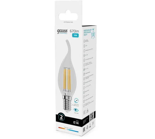 Лампа филам. Gauss Filament 10Вт цок.:E14 свеча св.свеч.бел.нейт. (упак.:10шт) (42120) Лампа филам. Gauss Filament 10Вт цок.:E14 свеча св.свеч.бел.нейт. (упак.:10шт) (42120)