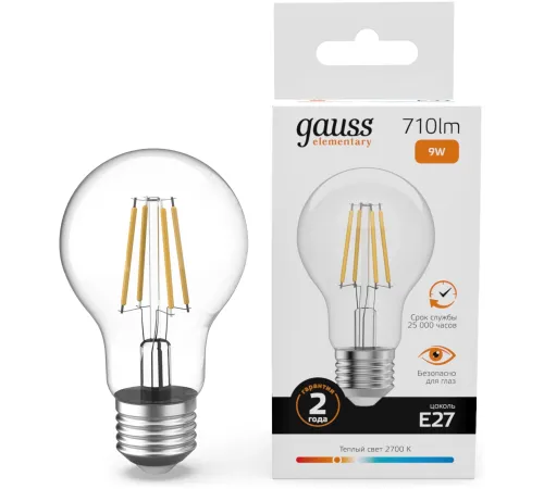 Лампа филам. Gauss Filament 9Вт цок.:E27 груша св.свеч.бел.теп. (упак.:10шт) (22219)
