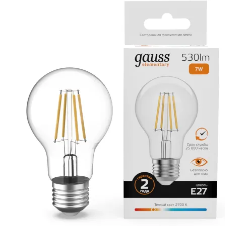 Лампа филам. Gauss Filament 7Вт цок.:E27 груша св.свеч.бел.теп. (упак.:10шт) (22217)